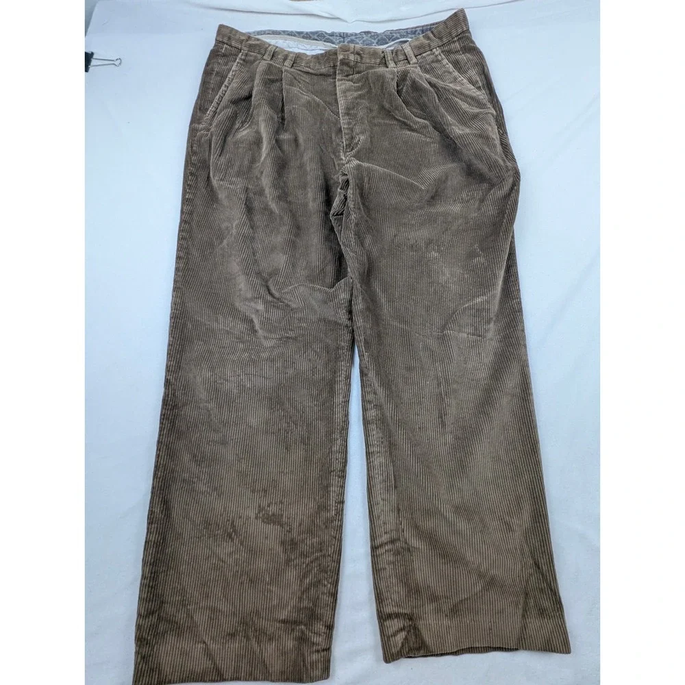 Eddie Bauer Mens Brown Corduroy Pleated Relaxed Fit Pants 36x28 Wide Wale Brown